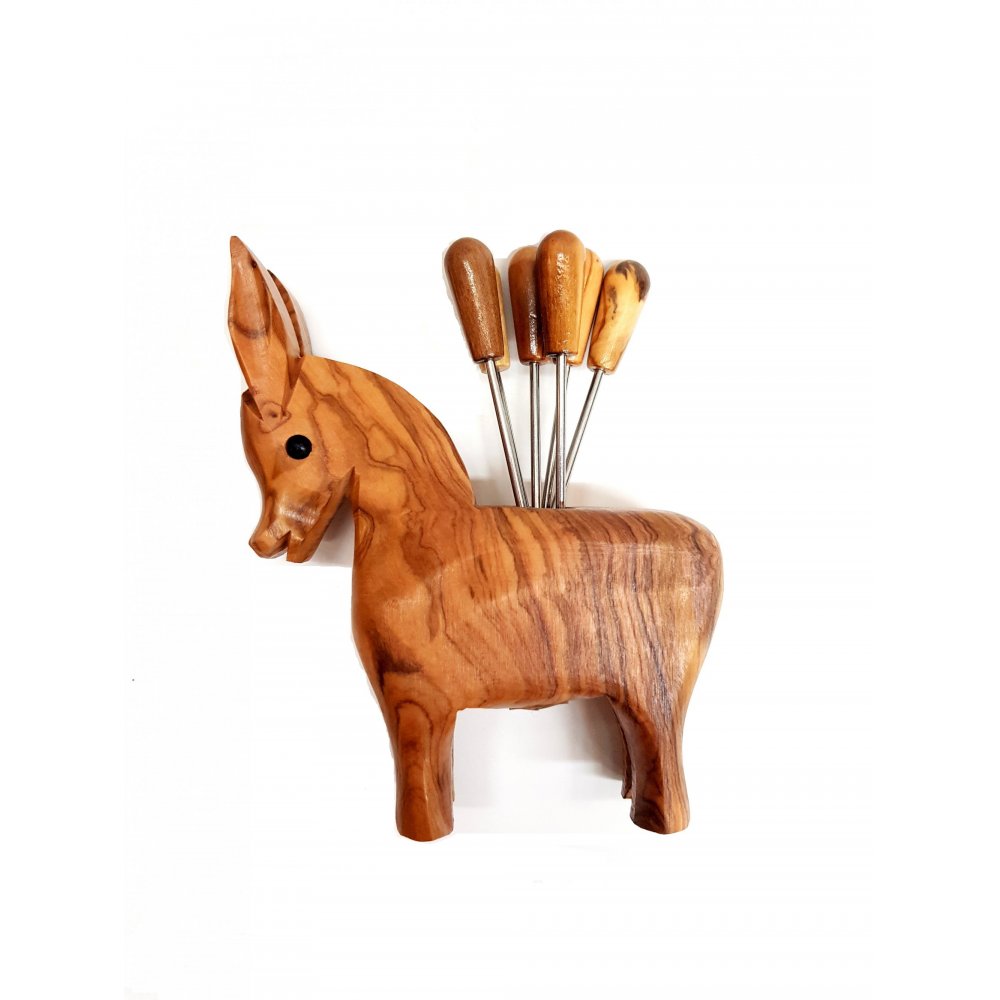 Handmade donkey from olive wood, with 6 pcs. handled picks