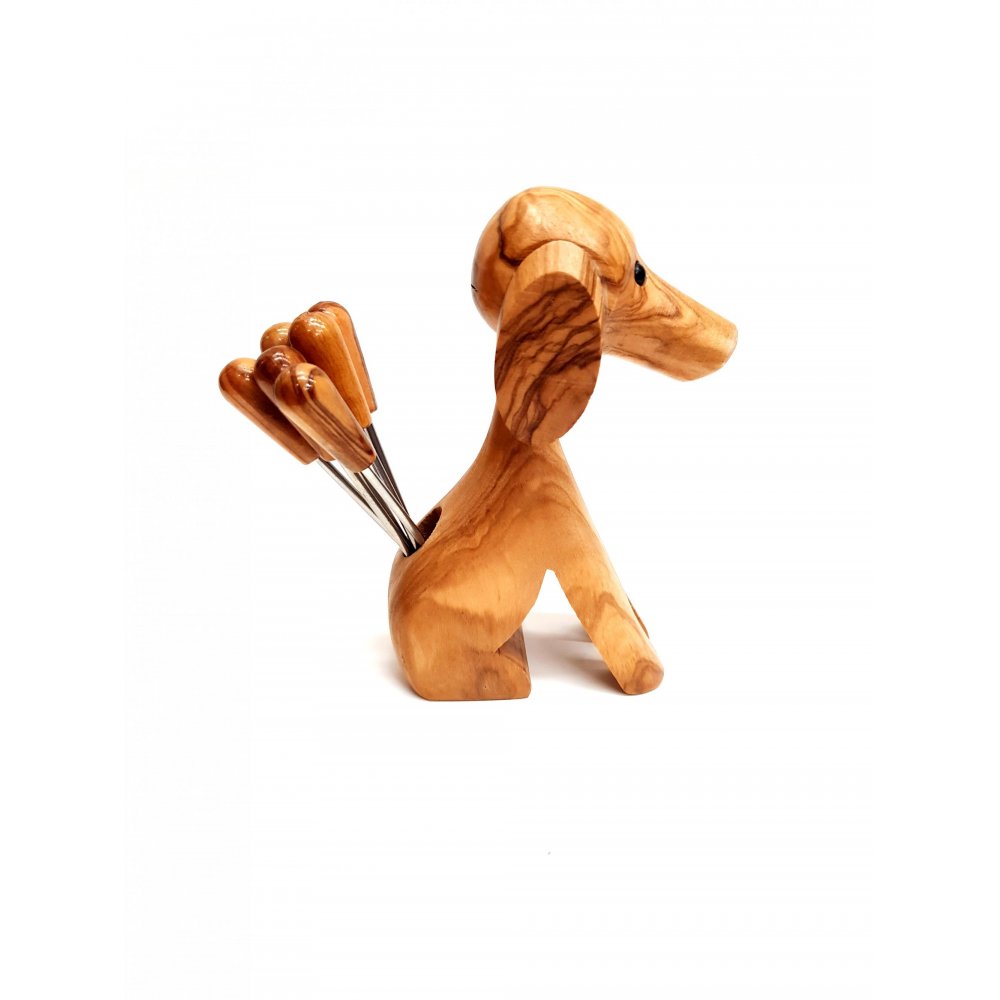 Handmade dog made of olive wood, with 6pcs. handled picks