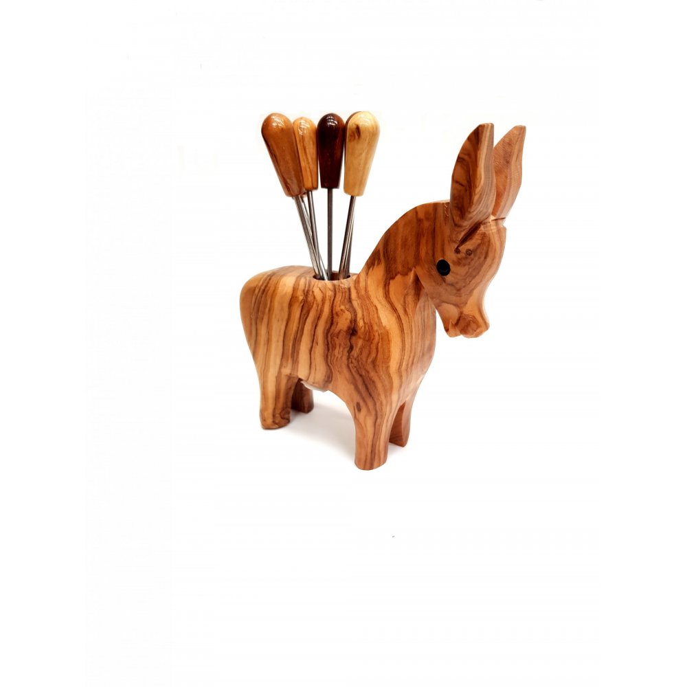 Handmade donkey from olive wood, with 6 pcs. handled picks