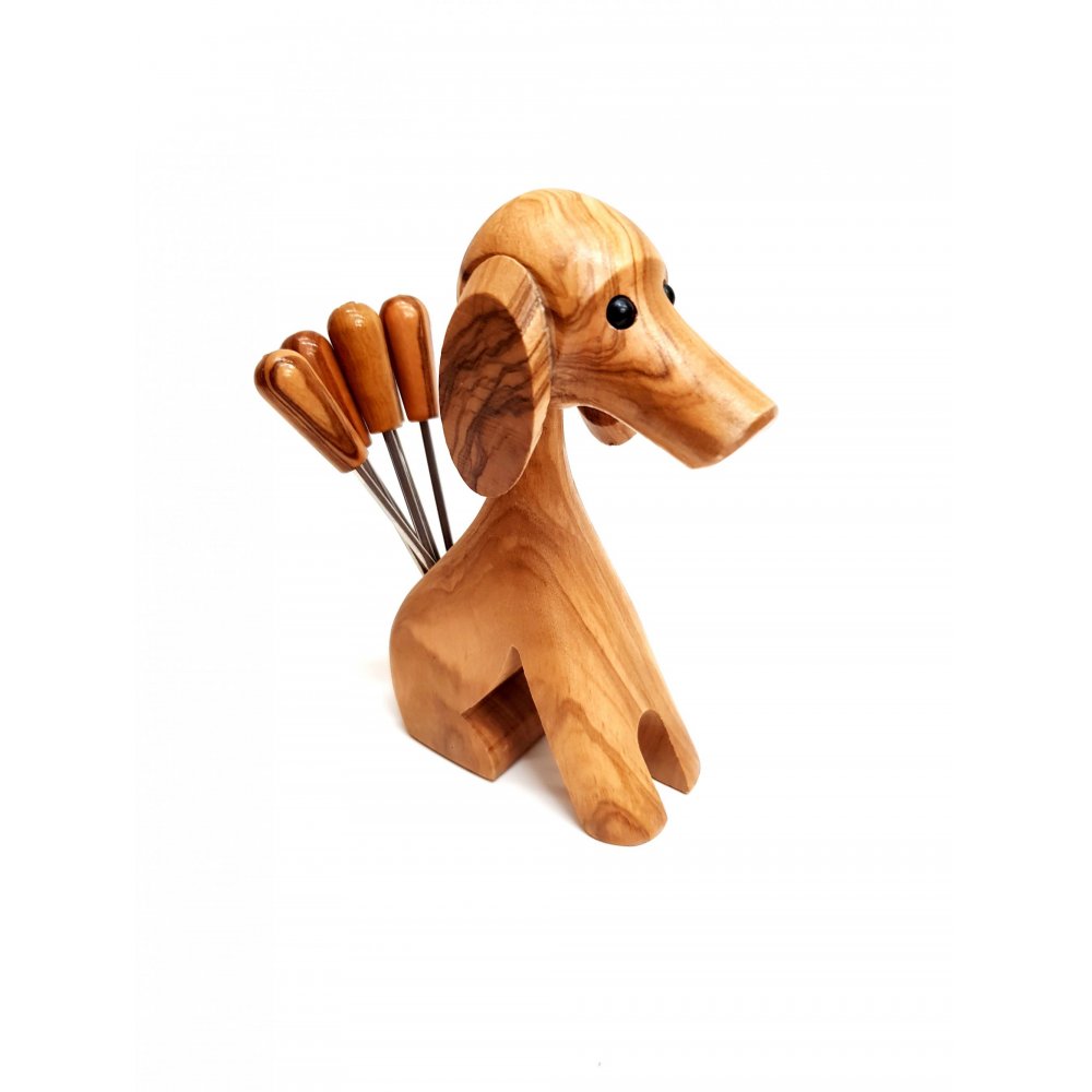 Handmade dog made of olive wood, with 6pcs. handled picks