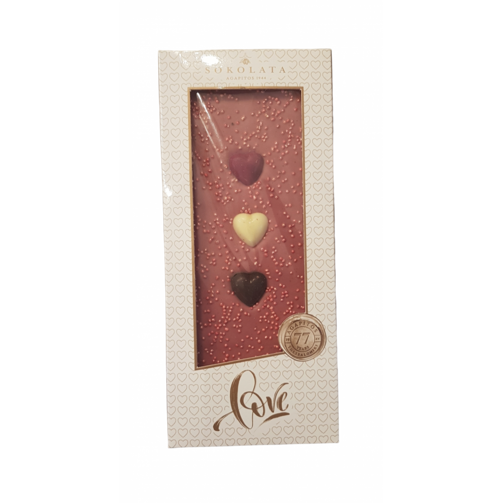 Σοκολάτα Ruby-Φράουλα με 3D Καρδιές 100g.