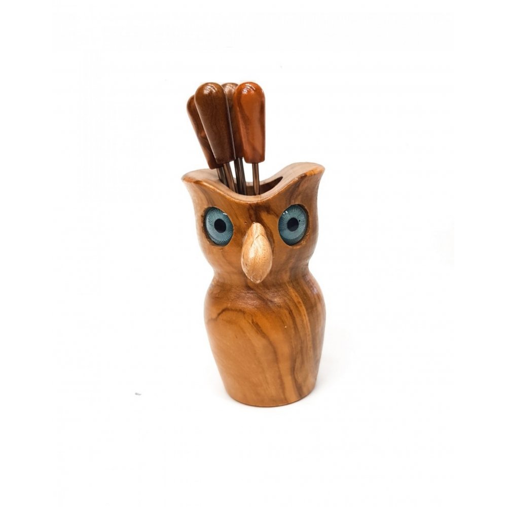 Handmade olive wood owl, with 6pcs. handled picks
