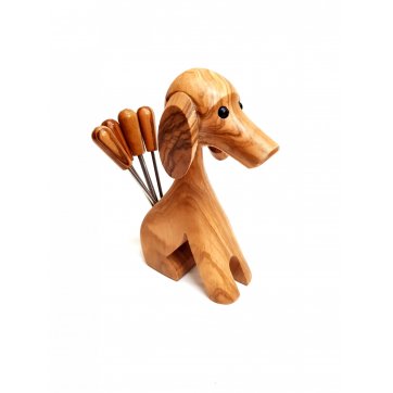 Wooden Art Handmade dog made of olive wood, with 6pcs. handled picks
