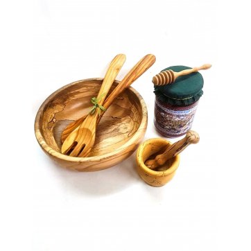 Wooden Art GIFT BOX (Ξύλινη Σαλατιέρα-Κουταλοπίρουνο ελιάς-Γουδί-Μέλι Μετσόβου-Ξύλινο Μελόξυλο)