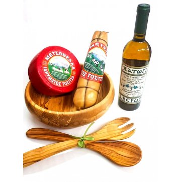 Wooden Art GIFT BOX (Σαλατιέρα-Κουταλοπίρουνο Ελιάς-Οίνος Λευκός-Μετσοβόνε-Μετσοβέλα)